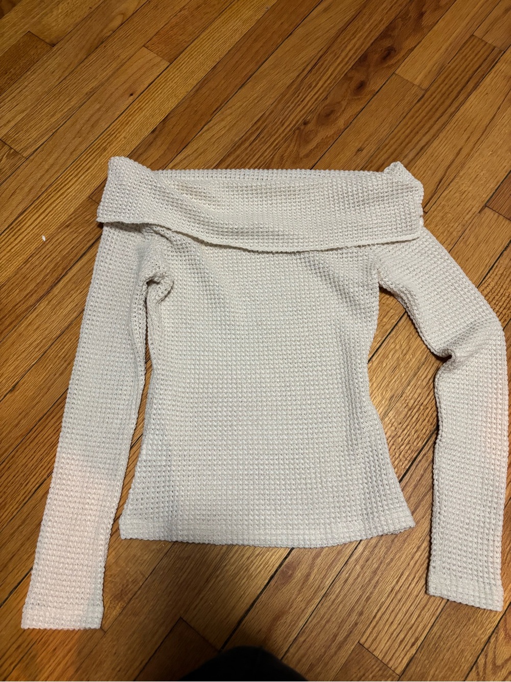 SHEIN Cream Off-the-Shoulder Waffle Knit Sweater